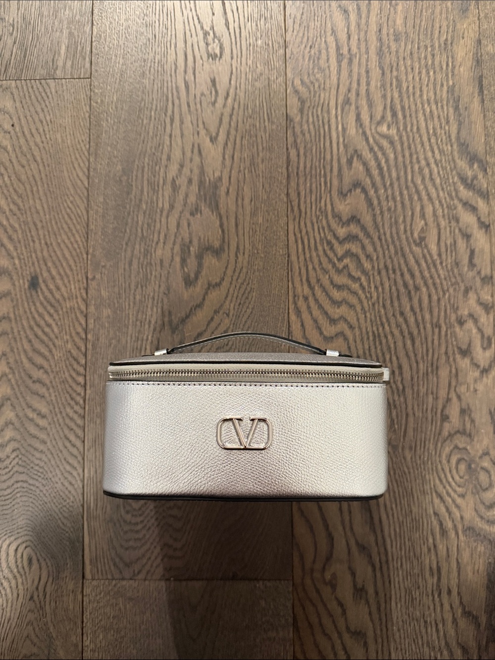 Valentino Garavani Silver Leather Cosmetic Case with Silver Logo